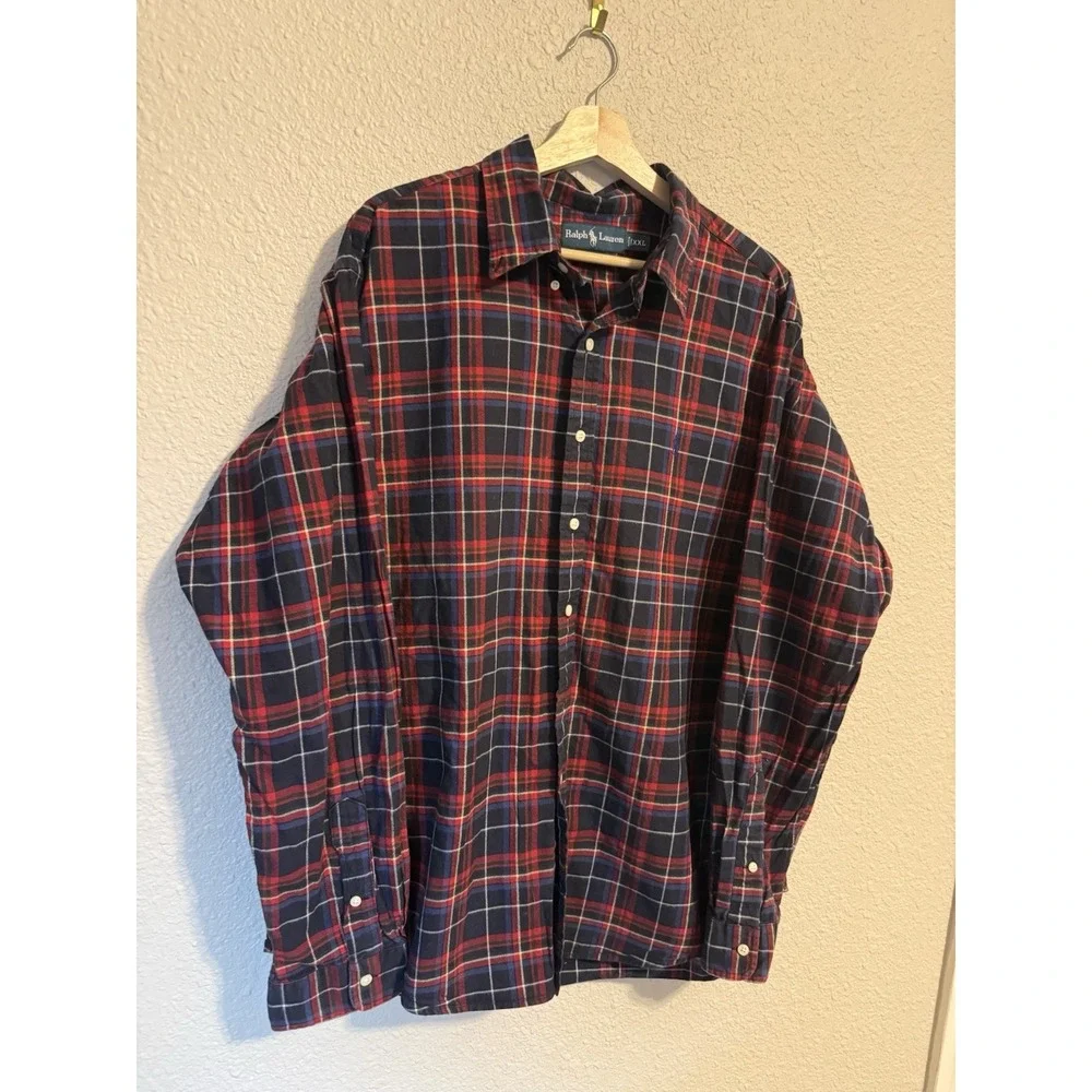 VINTAGE Ralph Lauren Plaid Shirt Mens XXL Custom Fit 90s Red Tartan Cotton Pony
